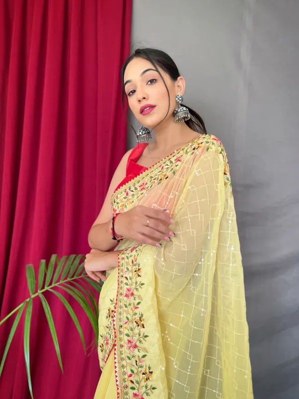 Lemon_Yellow_Bollywood_Style_Partywear_Sequins_Saree_With_Blouse_Piece_Attached